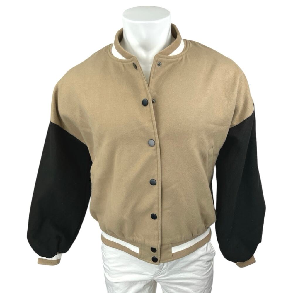 Boohoo Men's Tan Black Colorblock Long Sleeve Snap Varsity Bomber Jacket Size 4